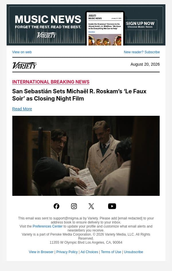 San Sebastián Sets Michaël R. Roskam’s ‘Le Faux Soir’ as Closing Night Film email from Variety screenshot