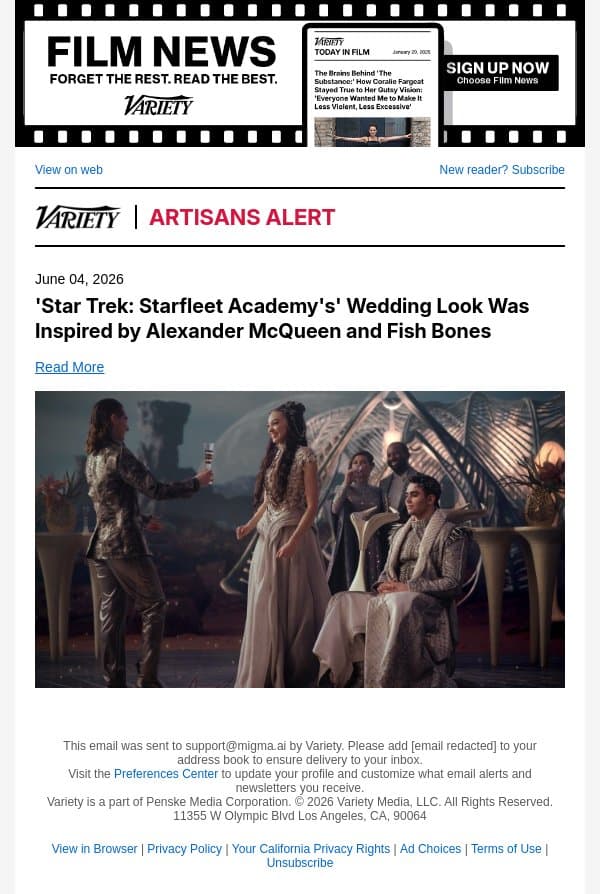 'Star Trek: Starfleet Academy's' Wedding Look Was Inspired by Alexander McQueen and Fish Bones email from Variety screenshot