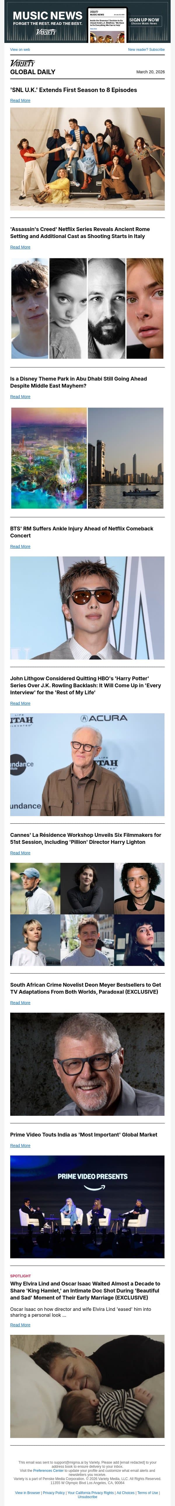 'SNL U.K.' Extends Season; 'Assassin's Creed' Series Shooting in Rome; Is Disneyland Abu Dhabi Still Happening? email from Variety screenshot