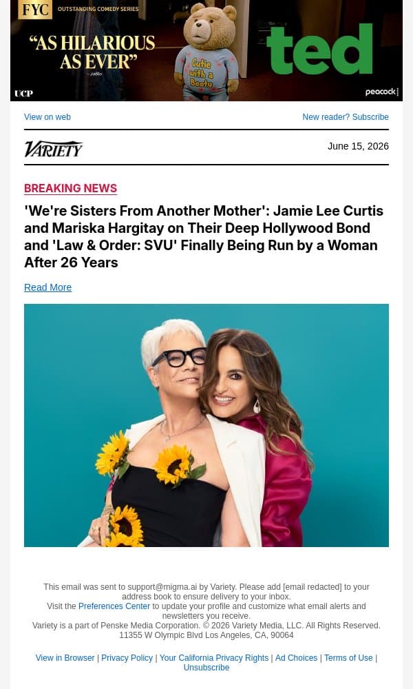 'We're Sisters From Another Mother': Jamie Lee Curtis and Mariska Hargitay on Their Deep Hollywood Bond and 'Law and Order: SVU' Finally Being Run by a Woman After 26 Years email from Variety screenshot