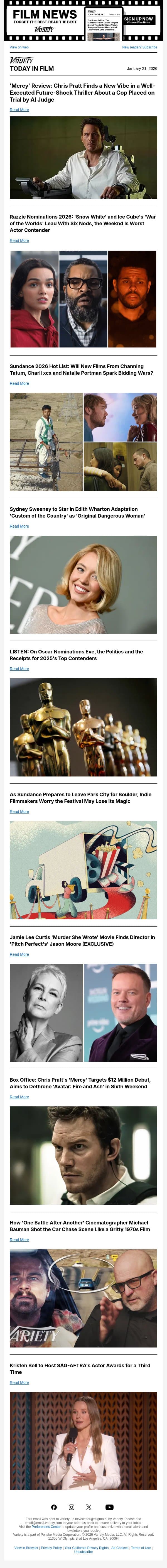 'Mercy' Review; Razzie Noms; Sundance 2026 Hot List email from Variety screenshot