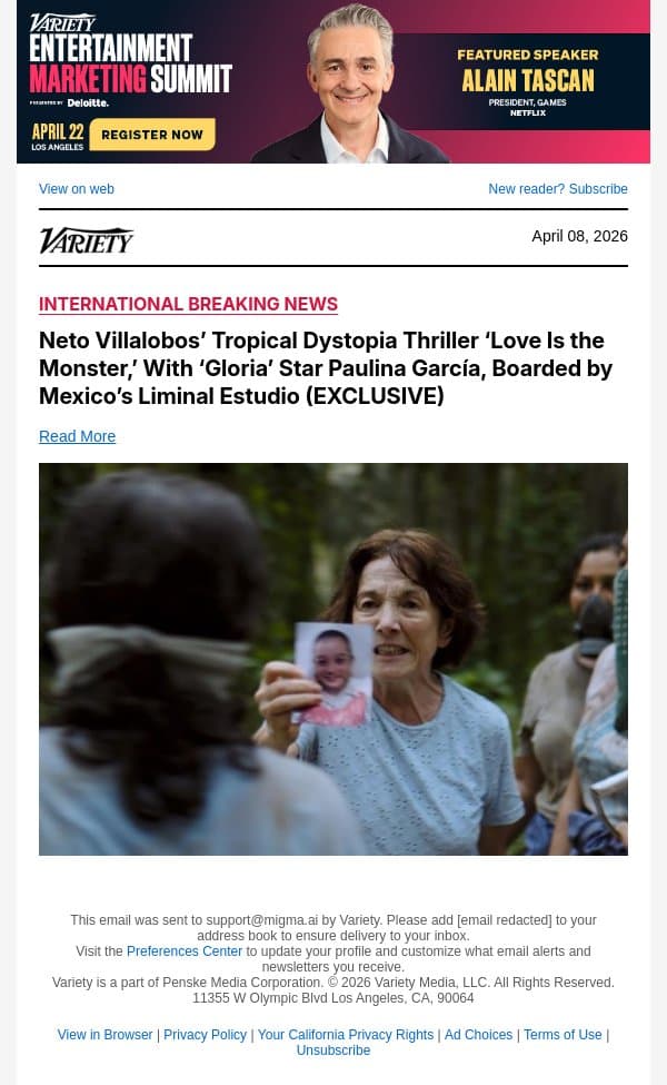 Neto Villalobos’ Tropical Dystopia Thriller ‘Love Is the Monster,’ With ‘Gloria’ Star Paulina García, Boarded by Mexico’s Liminal Estudio (EXCLUSIVE) email from Variety screenshot