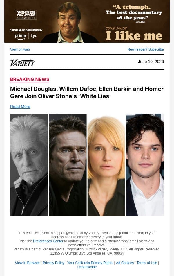 Michael Douglas, Willem Dafoe, Ellen Barkin and Homer Gere Join Oliver Stone's 'White Lies' email from Variety screenshot