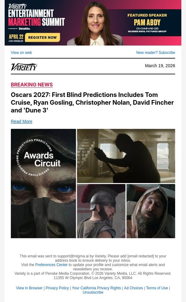 Oscars 2027: First Blind Predictions Includes Tom Cruise, Ryan Gosling, Christopher Nolan, David Fincher and 'Dune 3' email from Variety screenshot