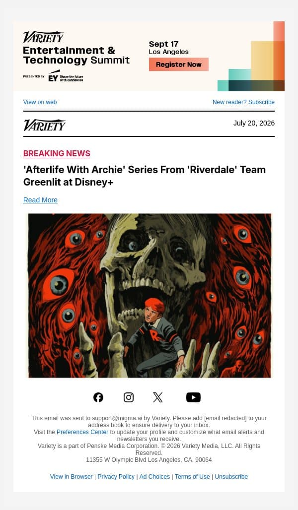 'Afterlife With Archie' Series From 'Riverdale' Team Greenlit at Disney+ email from Variety screenshot