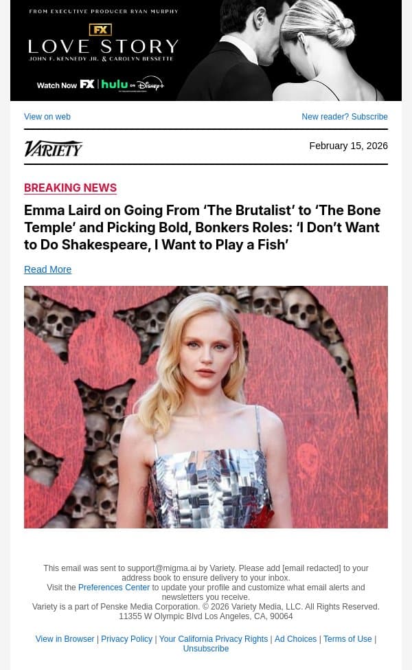 Emma Laird on Going From ‘The Brutalist’ to ‘The Bone Temple’ and Picking Bold, Bonkers Roles: ‘I Don’t Want to Do Shakespeare, I Want to Play a Fish’ email from Variety screenshot