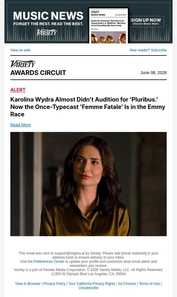 Karolina Wydra Almost Didn't Audition for 'Pluribus.' Now the Once-Typecast 'Femme Fatale' Is in the Emmy Race email from Variety screenshot