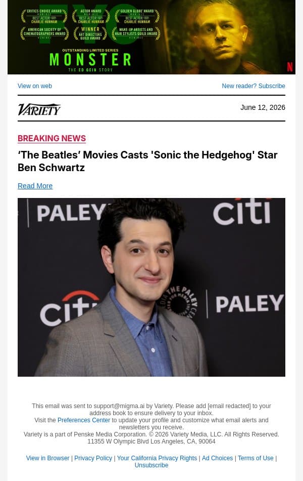 ‘The Beatles’ Movies Casts 'Sonic the Hedgehog' Star Ben Schwartz email from Variety screenshot