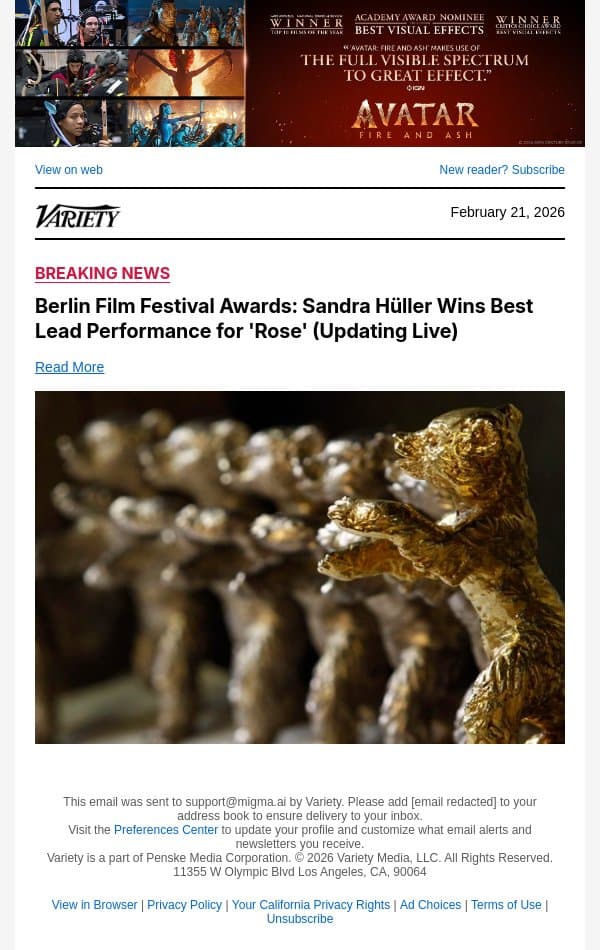 Berlin Film Festival Awards: Sandra Hüller Wins Best Lead Performance for 'Rose' (Updating Live) email from Variety screenshot