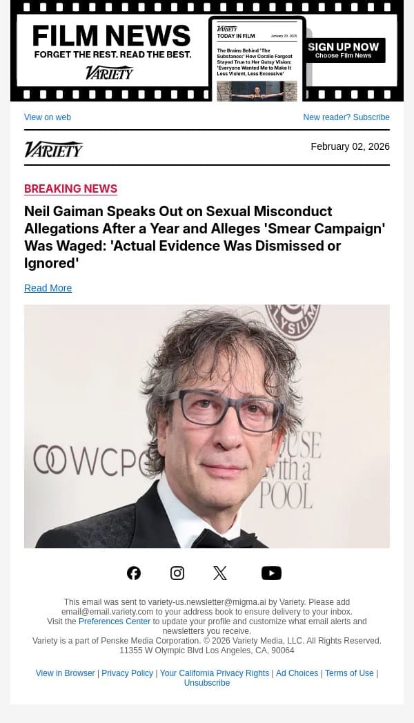 Neil Gaiman Speaks Out on Sexual Misconduct Allegations After a Year and Alleges 'Smear Campaign' Was Waged: 'Actual Evidence Was Dismissed or Ignored' email from Variety screenshot