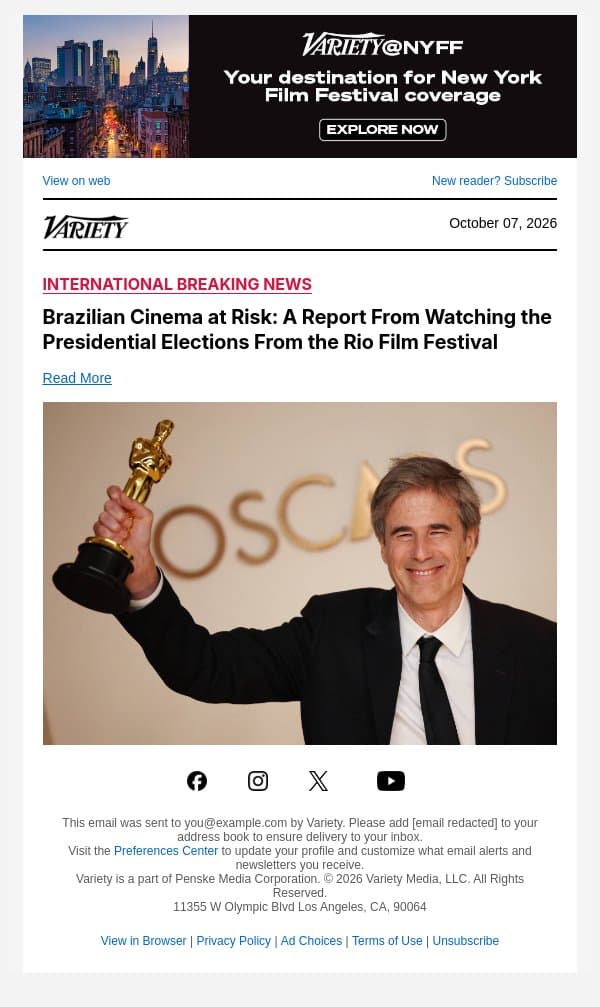 Brazilian Cinema at Risk: A Report From Watching the Presidential Elections From the Rio Film Festival email from Variety screenshot