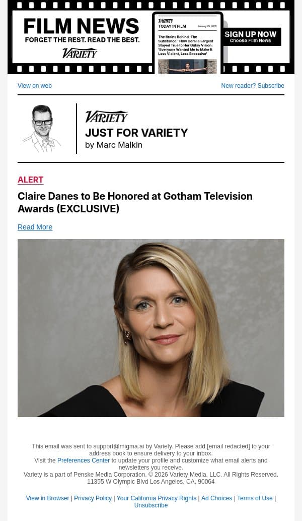 Claire Danes to Be Honored at Gotham Television Awards (EXCLUSIVE) email from Variety screenshot