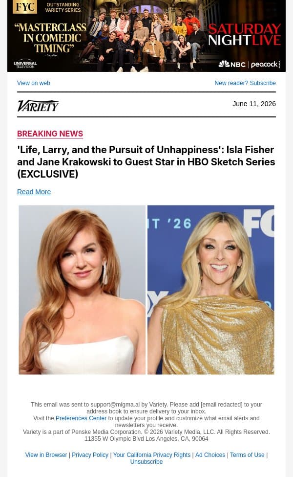 'Life, Larry, and the Pursuit of Unhappiness': Isla Fisher and Jane Krakowski to Guest Star in HBO Sketch Series (EXCLUSIVE) email from Variety screenshot