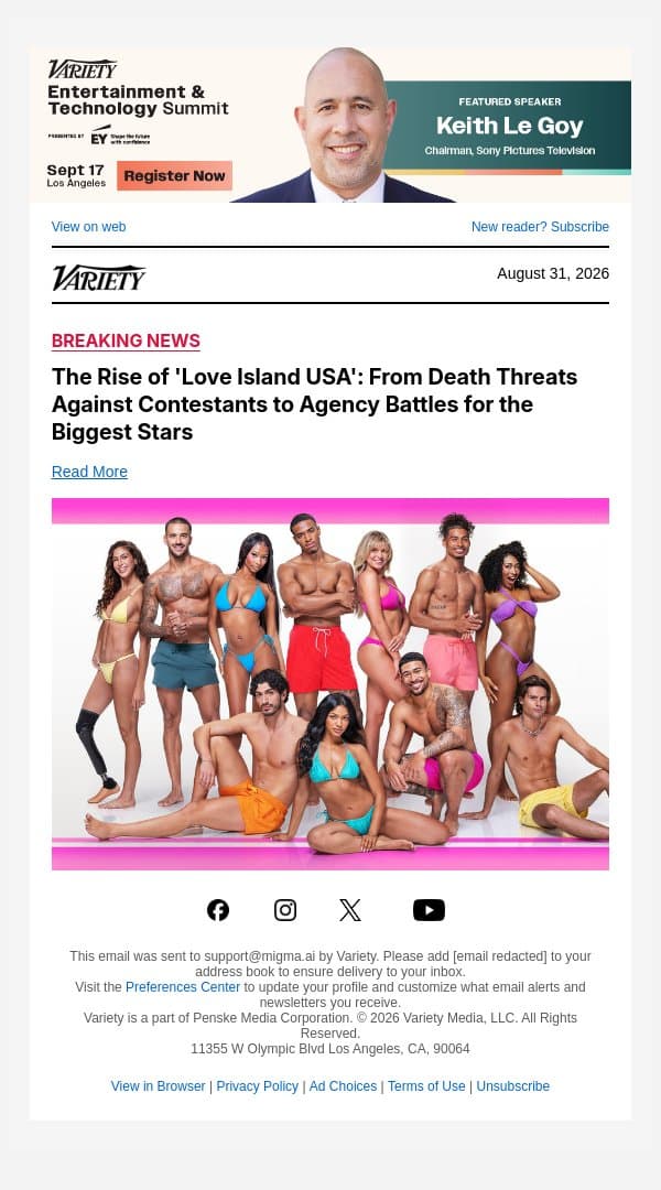 The Rise of 'Love Island USA': From Death Threats Against Contestants to Agency Battles for the Biggest Stars email from Variety screenshot