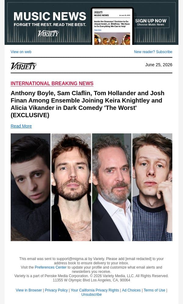 Anthony Boyle, Sam Claflin, Tom Hollander and Josh Finan Among Ensemble Joining Keira Knightley and Alicia Vikander in Dark Comedy 'The Worst' (EXCLUSIVE) email from Variety screenshot