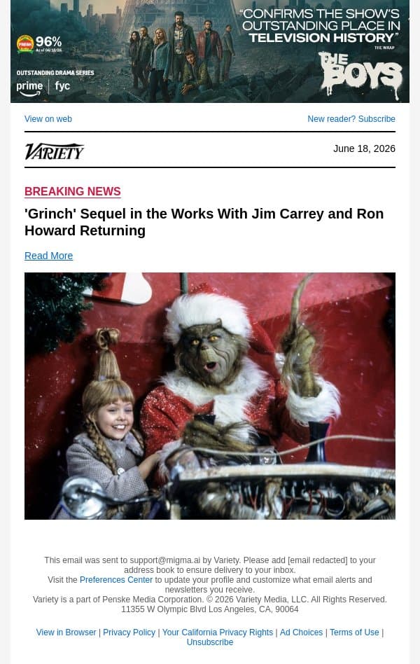 'Grinch' Sequel in the Works With Jim Carrey and Ron Howard Returning email from Variety screenshot