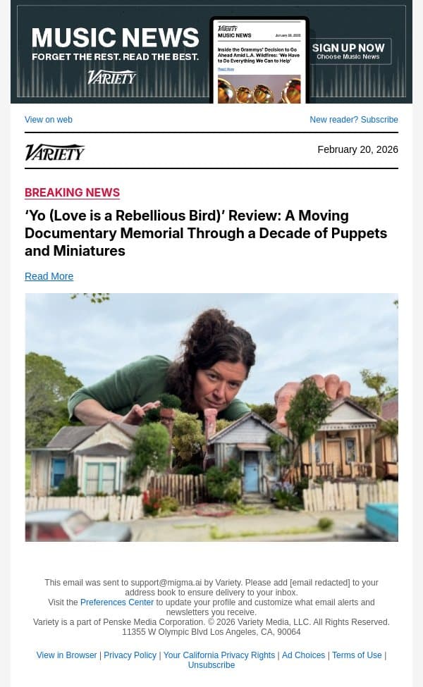 ‘Yo (Love is a Rebellious Bird)’ Review: A Moving Documentary Memorial Through a Decade of Puppets and Miniatures email from Variety screenshot