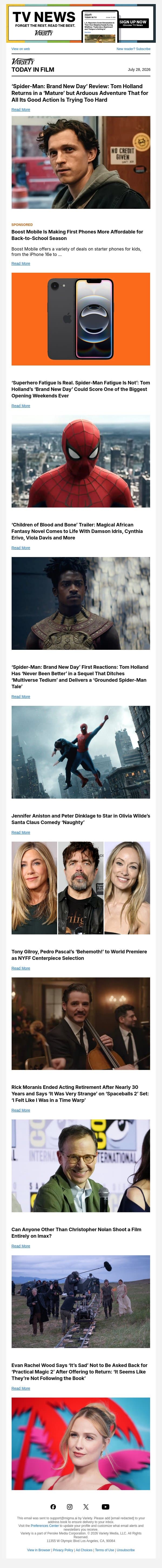 ‘Spider-Man: Brand New Day’ Review; Box Office Preview; ‘Children of Blood and Bone’ Trailer email from Variety screenshot