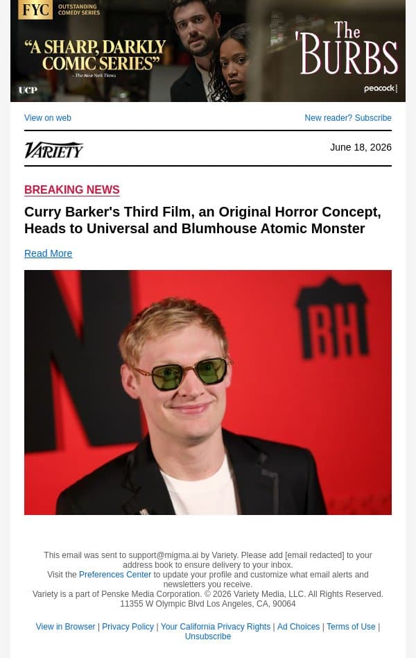 Curry Barker's Third Film, an Original Horror Concept, Heads to Universal and Blumhouse Atomic Monster email from Variety screenshot