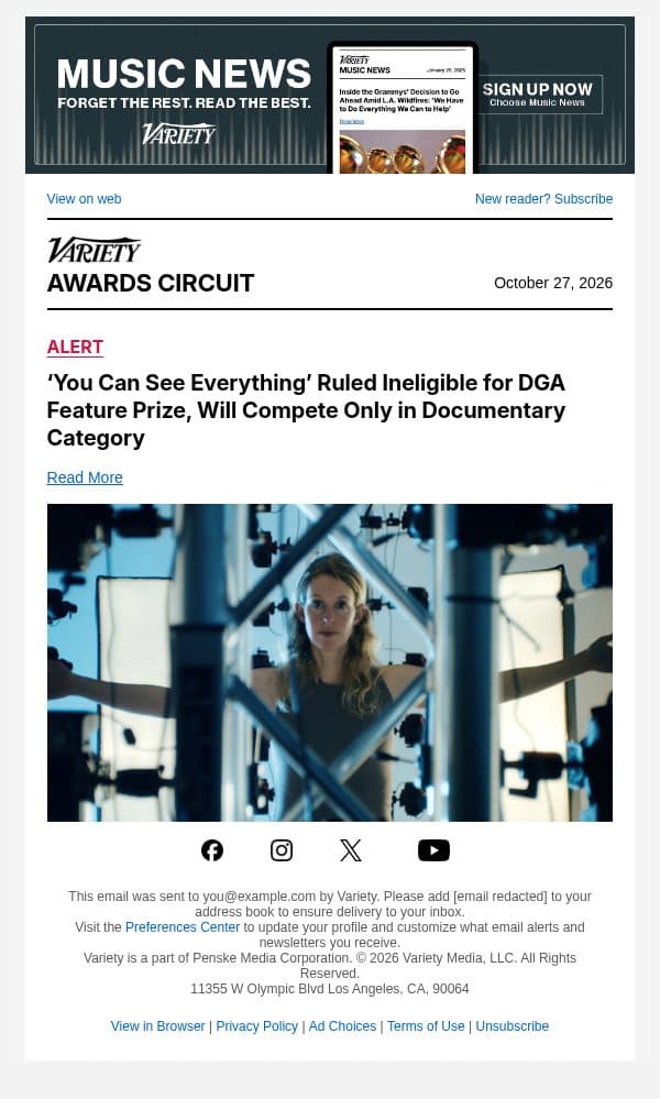 ‘You Can See Everything’ Ruled Ineligible for DGA Feature Prize, Will Compete Only in Documentary Category email from Variety screenshot