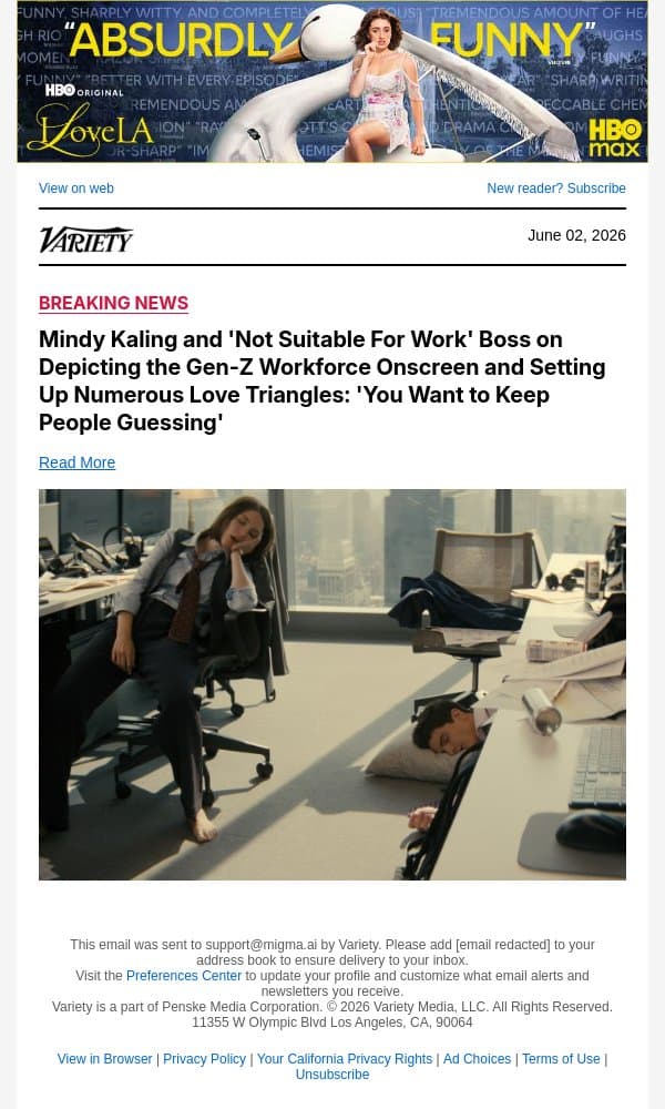 Mindy Kaling and 'Not Suitable For Work' Boss on Depicting the Gen-Z Workforce Onscreen and Setting Up Numerous Love Triangles: 'You Want to Keep People Guessing' email from Variety screenshot