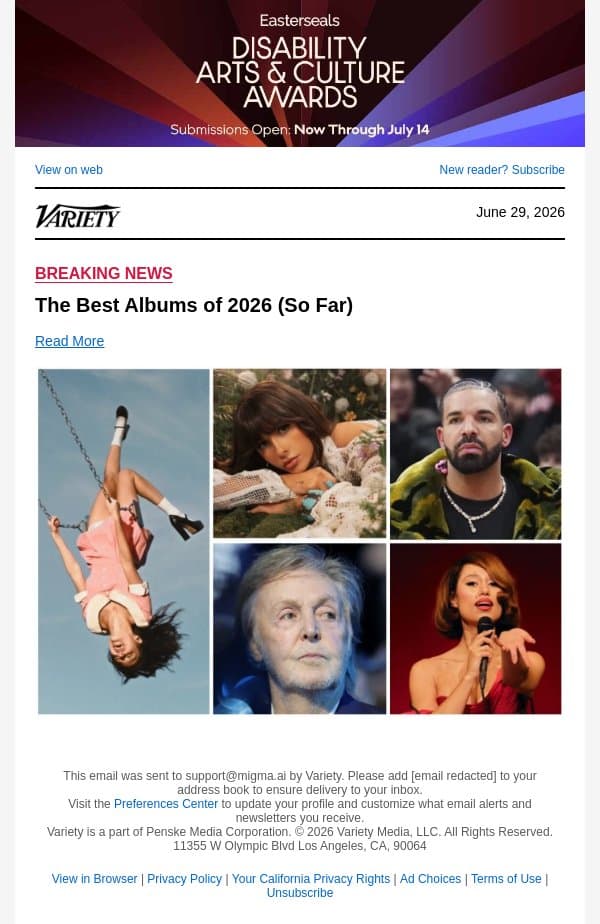 The Best Albums of 2026 (So Far) email from Variety screenshot