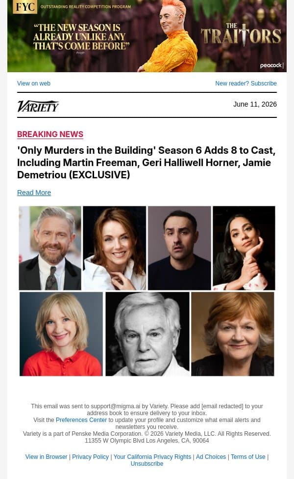 'Only Murders in the Building' Season 6 Adds 8 to Cast, Including Martin Freeman, Geri Halliwell Horner, Jamie Demetriou (EXCLUSIVE) email from Variety screenshot