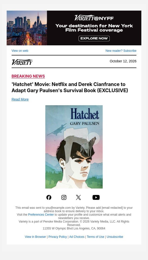 'Hatchet' Movie: Netflix and Derek Cianfrance to Adapt Gary Paulsen's Survival Book (EXCLUSIVE) email from Variety screenshot