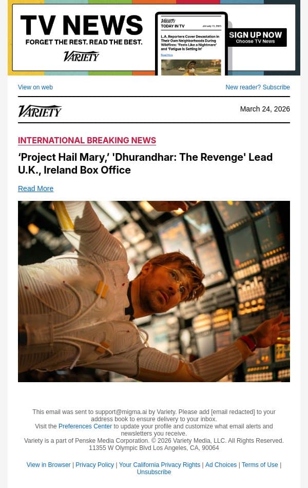 ‘Project Hail Mary,’ 'Dhurandhar: The Revenge' Lead U.K., Ireland Box Office email from Variety screenshot