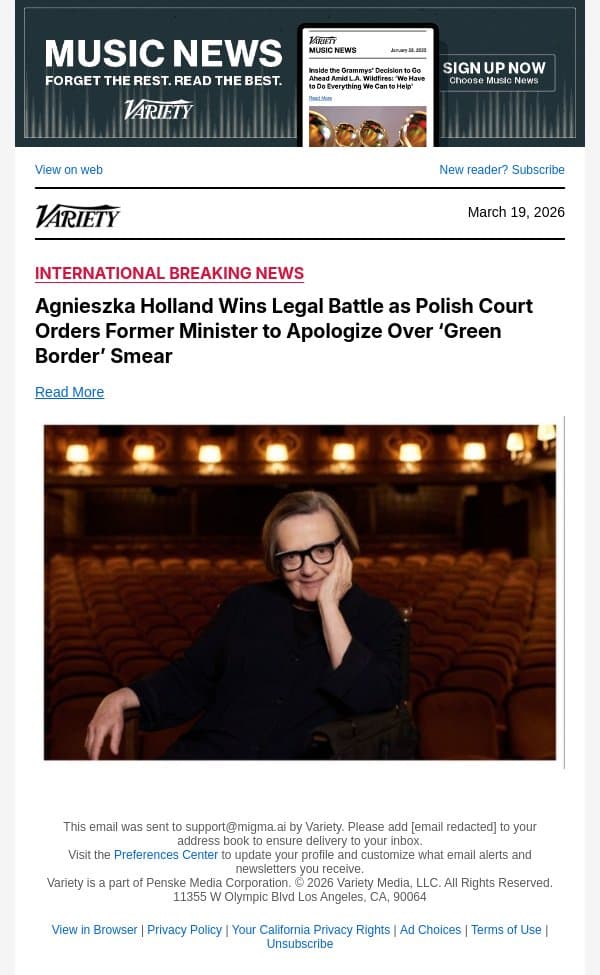 Agnieszka Holland Wins Legal Battle as Polish Court Orders Former Minister to Apologize Over ‘Green Border’ Smear email from Variety screenshot