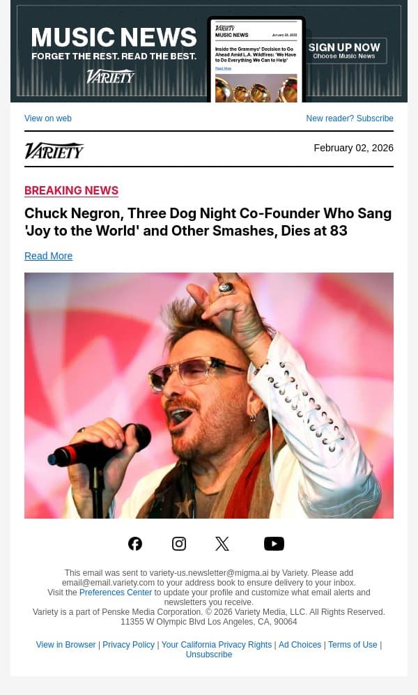 Chuck Negron, Three Dog Night Co-Founder Who Sang 'Joy to the World' and Other Smashes, Dies at 83 email from Variety screenshot