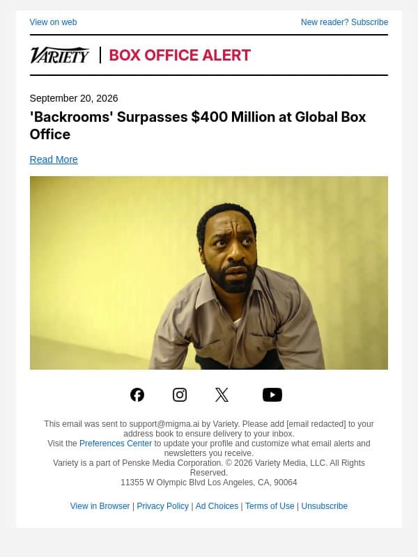 'Backrooms' Surpasses $400 Million at Global Box Office email from Variety screenshot