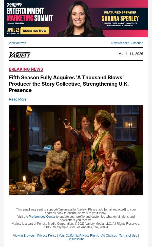 Fifth Season Fully Acquires 'A Thousand Blows' Producer the Story Collective, Strengthening U.K. Presence email from Variety screenshot