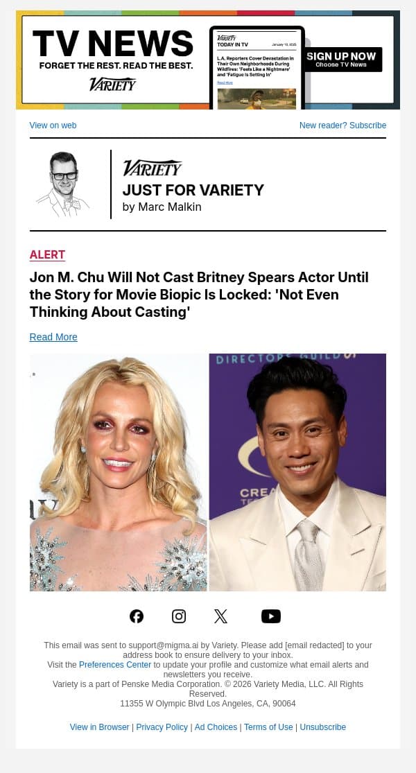 Jon M. Chu Will Not Cast Britney Spears Actor Until the Story for Movie Biopic Is Locked: 'Not Even Thinking About Casting' email from Variety screenshot