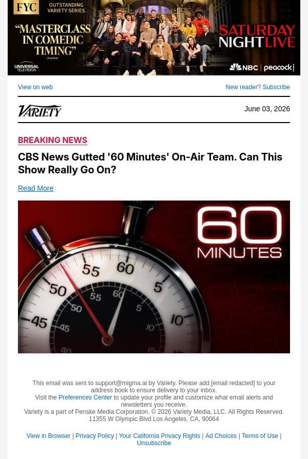 CBS News Gutted '60 Minutes' On-Air Team. Can This Show Really Go On? email from Variety screenshot