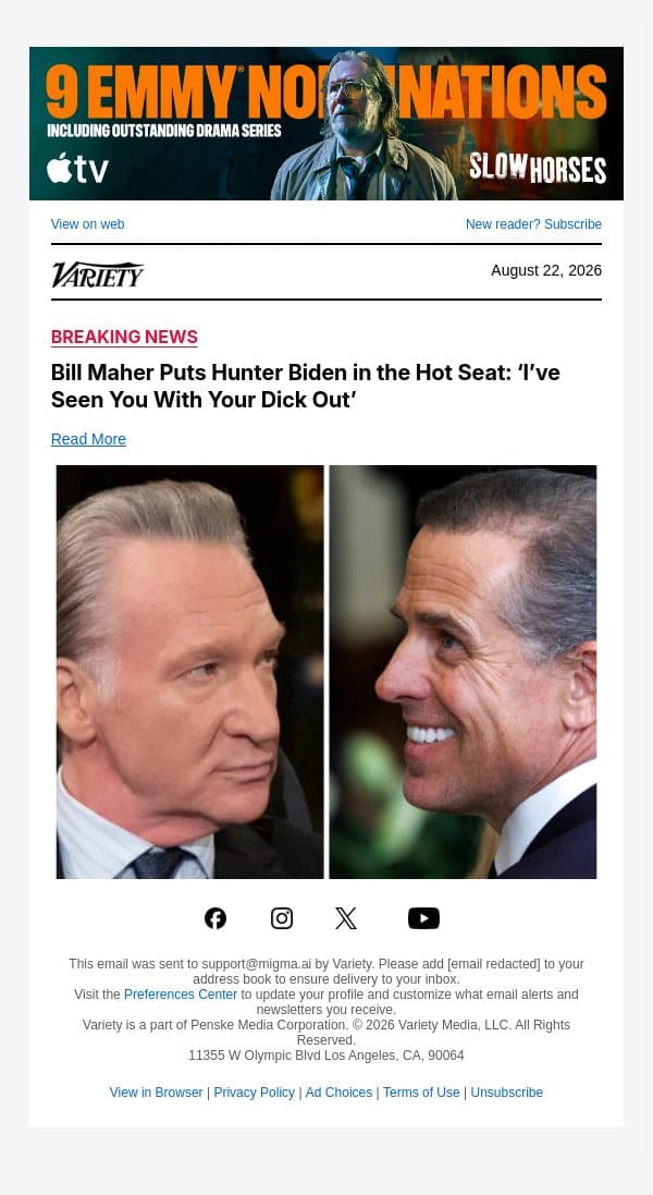 Bill Maher Puts Hunter Biden in the Hot Seat: ‘I’ve Seen You With Your Dick Out’ email from Variety screenshot