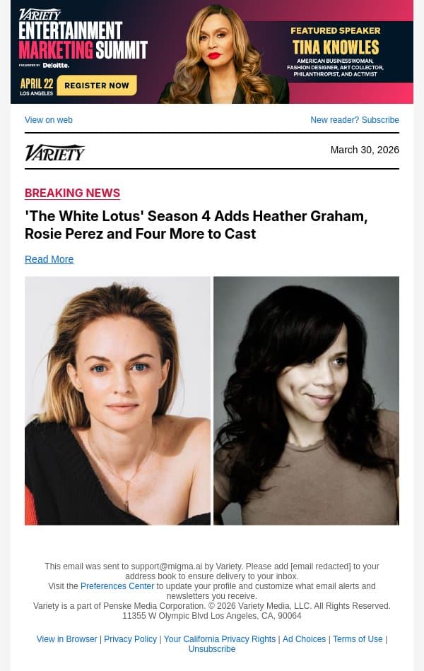 'The White Lotus' Season 4 Adds Heather Graham, Rosie Perez and Four More to Cast email from Variety screenshot