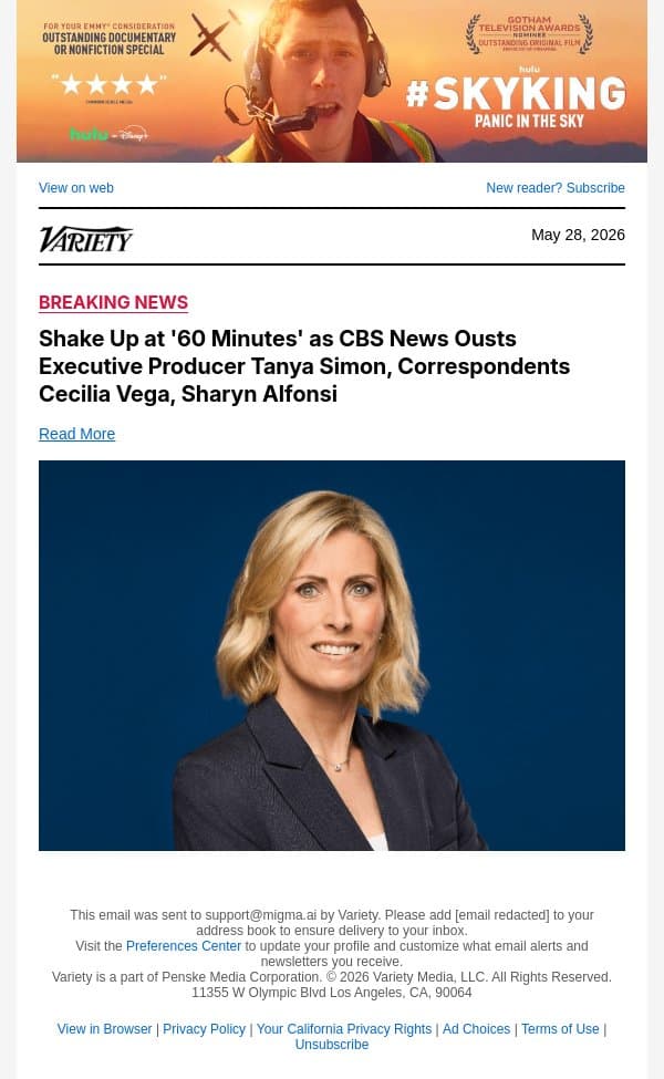 Shake Up at '60 Minutes' as CBS News Ousts Executive Producer Tanya Simon, Correspondents Cecilia Vega, Sharyn Alfonsi email from Variety screenshot