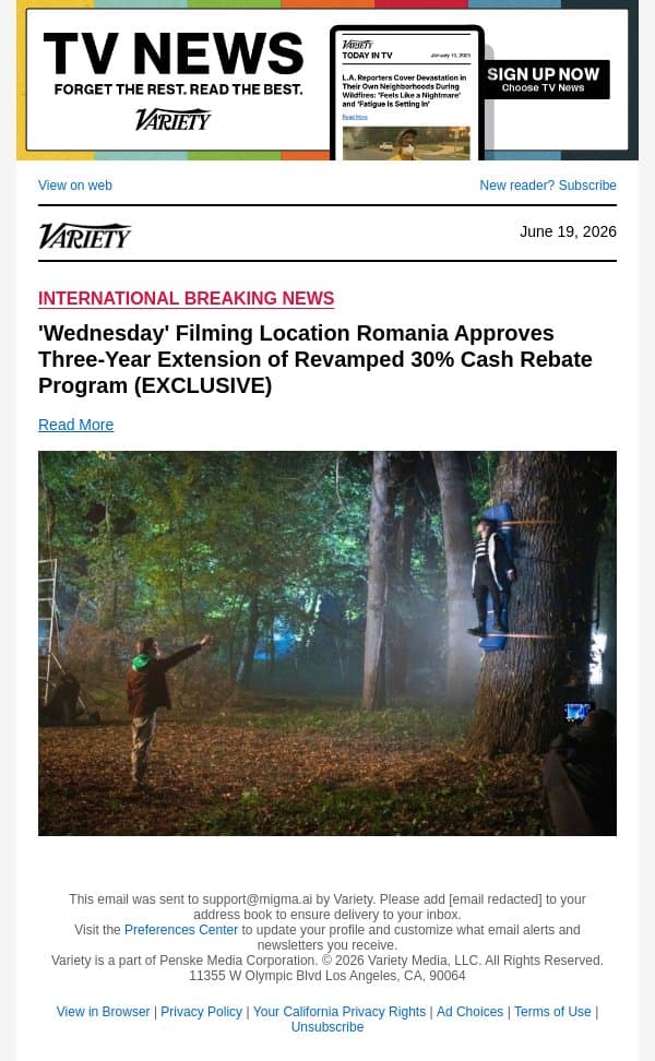 'Wednesday' Filming Location Romania Approves Three-Year Extension of Revamped 30% Cash Rebate Program (EXCLUSIVE) email from Variety screenshot