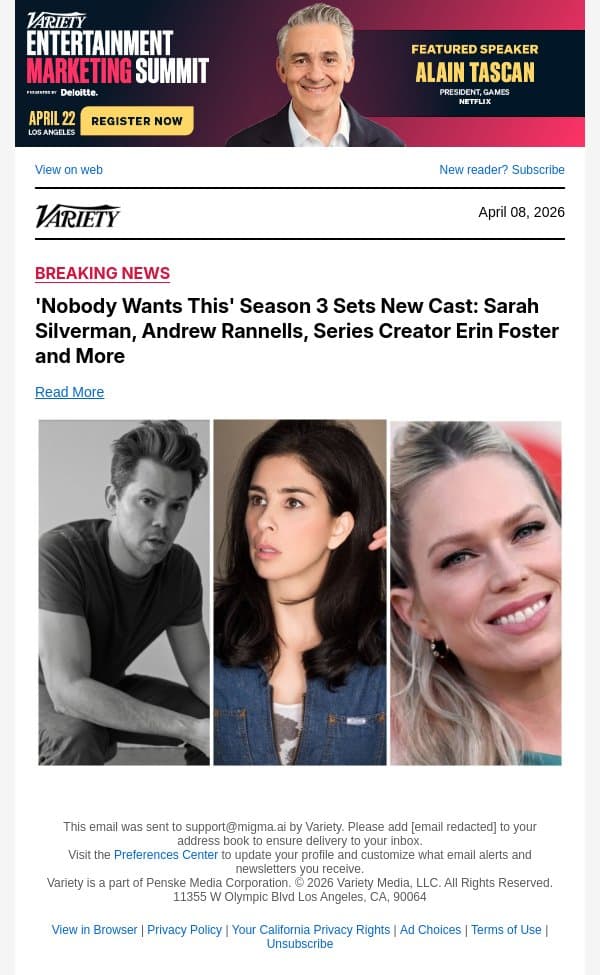 'Nobody Wants This' Season 3 Sets New Cast: Sarah Silverman, Andrew Rannells, Series Creator Erin Foster and More email from Variety screenshot