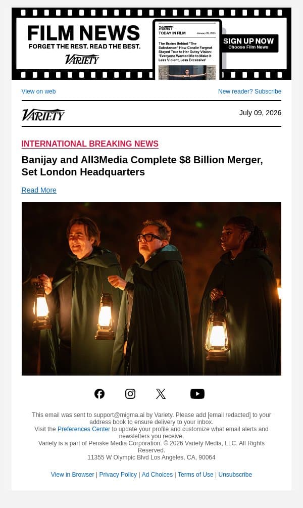 Banijay and All3Media Complete $8 Billion Merger, Set London Headquarters email from Variety screenshot
