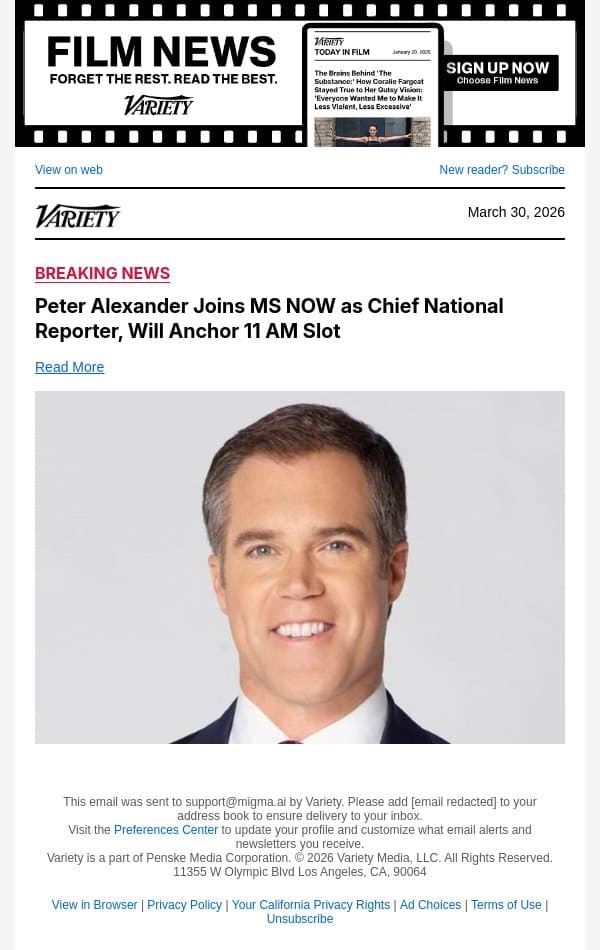 Peter Alexander Joins MS NOW as Chief National Reporter, Will Anchor 11 AM Slot email from Variety screenshot