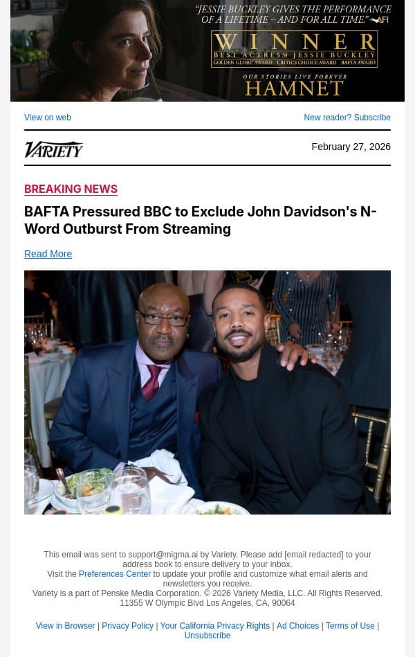 BAFTA Pressured BBC to Exclude John Davidson's N-Word Outburst From Streaming email from Variety screenshot