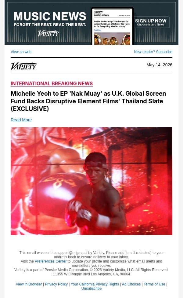 Michelle Yeoh to EP 'Nak Muay' as U.K. Global Screen Fund Backs Disruptive Element Films' Thailand Slate (EXCLUSIVE) email from Variety screenshot
