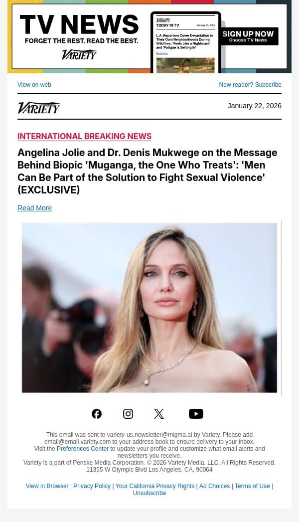 Angelina Jolie and Dr. Denis Mukwege on the Message Behind Biopic 'Muganga, the One Who Treats': 'Men Can Be Part of the Solution to Fight Sexual Violence' (EXCLUSIVE) email from Variety screenshot