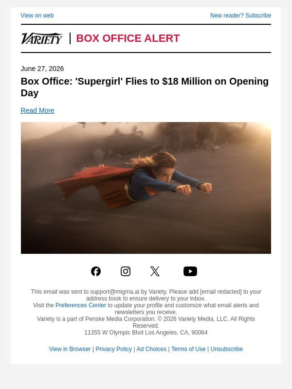 Box Office: 'Supergirl' Flies to $18 Million on Opening Day email from Variety screenshot