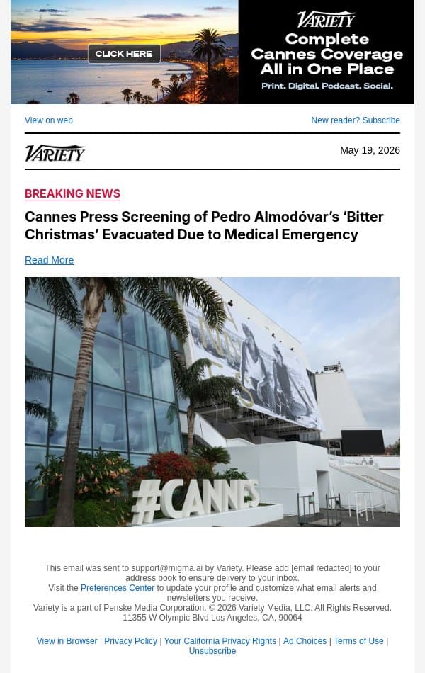 Cannes Press Screening of Pedro Almodóvar’s ‘Bitter Christmas’ Evacuated Due to Medical Emergency email from Variety screenshot