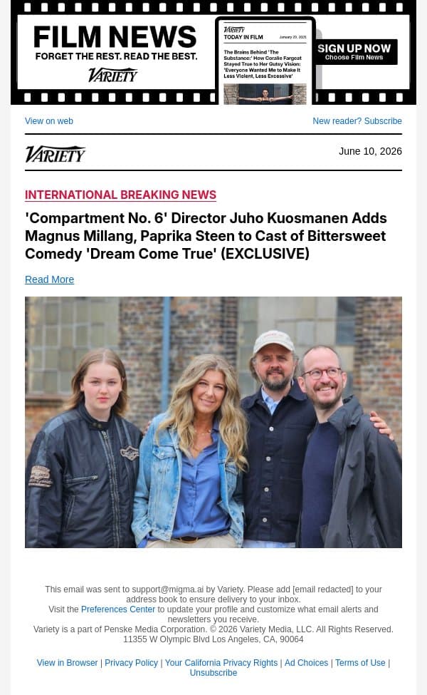 'Compartment No. 6' Director Juho Kuosmanen Adds Magnus Millang, Paprika Steen to Cast of Bittersweet Comedy 'Dream Come True' (EXCLUSIVE) email from Variety screenshot