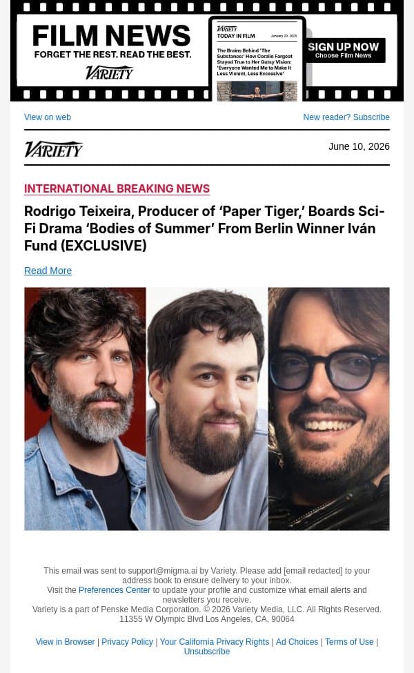 Rodrigo Teixeira, Producer of ‘Paper Tiger,’ Boards Sci-Fi Drama ‘Bodies of Summer’ From Berlin Winner Iván Fund (EXCLUSIVE) email from Variety screenshot