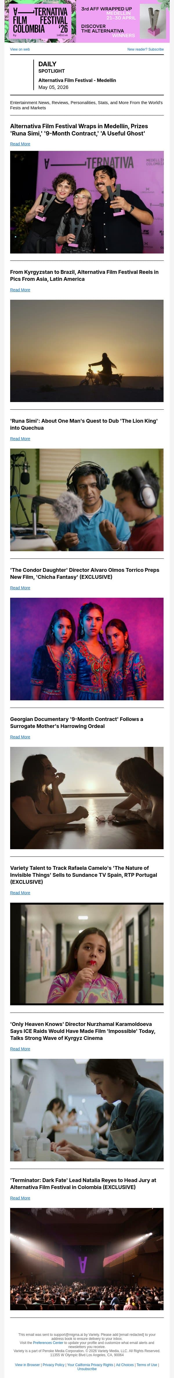 Alternativa 2026 Winners; Rising Talent Highlights at Medellín; 'The Lion King' in Quechua email from Variety screenshot
